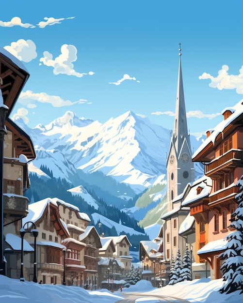 snowy town with a steeple and a church in the background generative ai