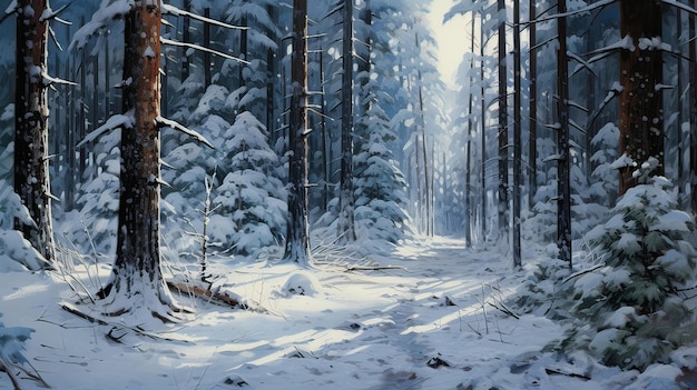 Snowy tranquility snowclad evergreens silent woods snowcoated trees winter charm peaceful woodland snowcovered scene picturesque snowy forest Generated by AI