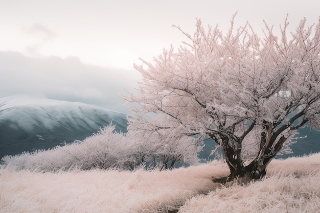 A snowy tree on a hill with a mountain in the background