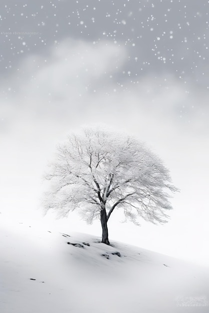 A snowy tree in winter with snow on the ground