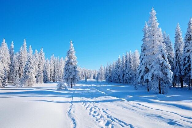 Snowy trees against blue sky