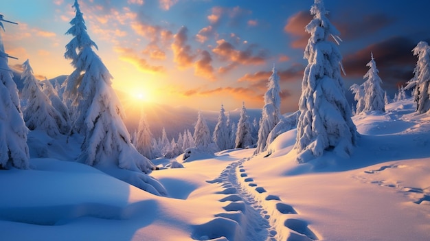 Snowy trees and footprints in the snow at sunset generative ai