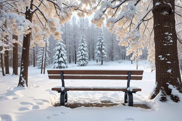 Foto alberi innevati in una foresta con una panchina e un tavolo per riposare bellissimo concetto per la natura invernale e la foresta