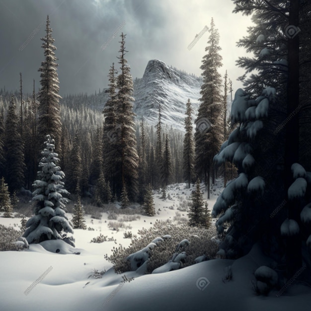 Snowy trees in a forest with a mountain in the background generative ai