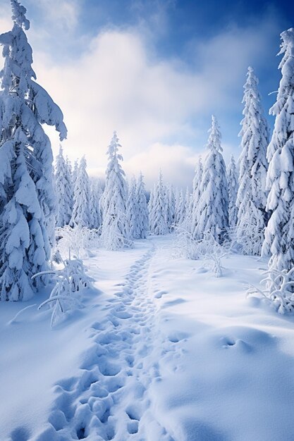 snowy trees line a path through a snowy forest generative ai