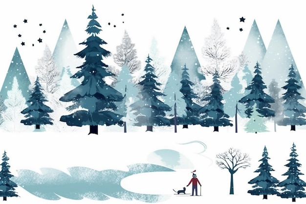 snowy trees and a person with a dog in a snowy forest generative ai