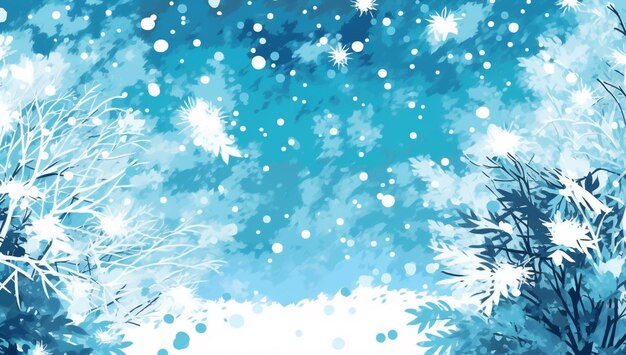 snowy trees and snow flakes in a blue sky with snow flakes generative ai