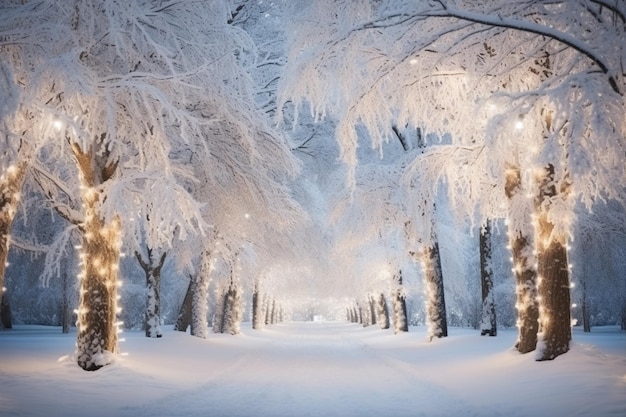 snowy trees with lights in the middle of a snowy park generative ai
