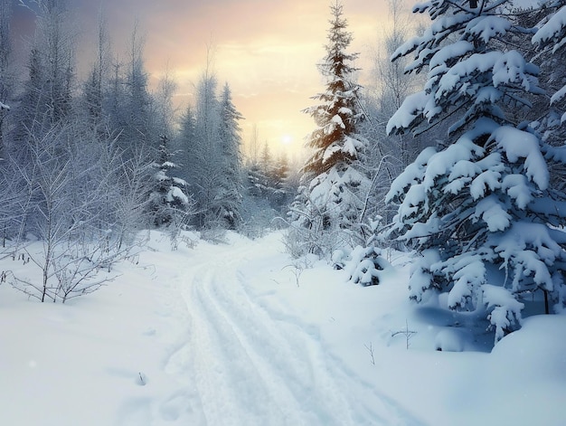 Snowy Twilight in Pine Forest