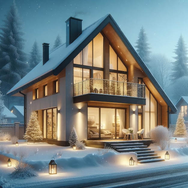 Snowy Urban Delight Evening View of a Modern City Home