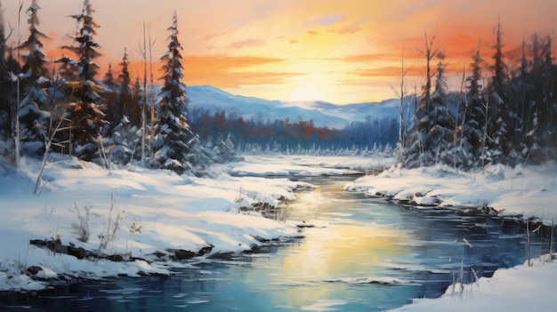 Snowy Valley A Romantic Winter Landscape Painting In Light Cyan And Orange