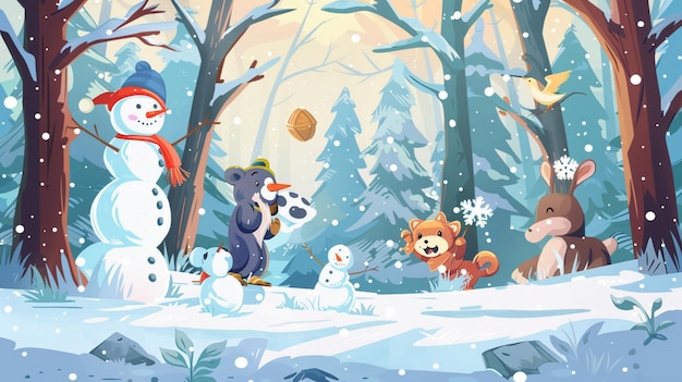 snowy vector cartoon forest with animals making snowmen and snowball fights