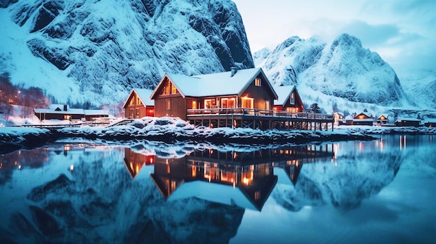 Snowy village by lake surrounded by snow mountains with lights