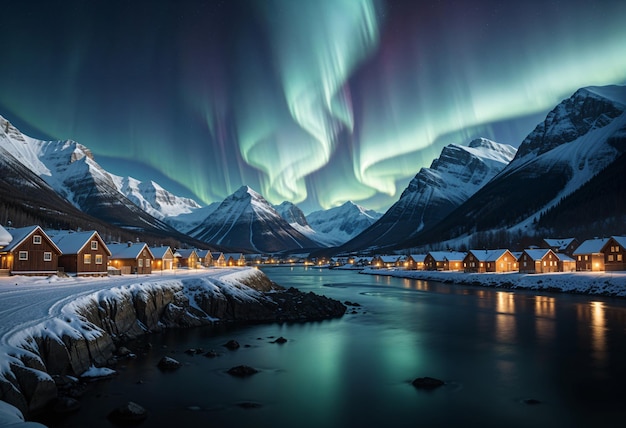 Photo a snowy village nestled between mountains with a stunning display of the northern lights