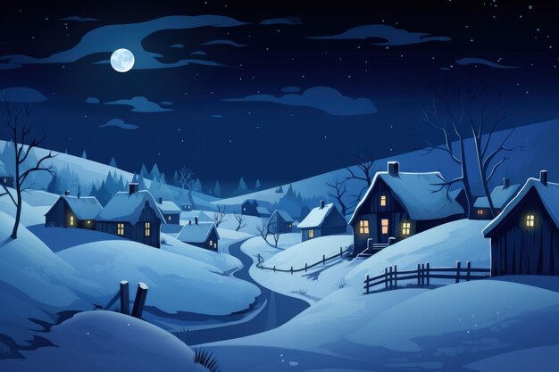 Snowy Village at Night