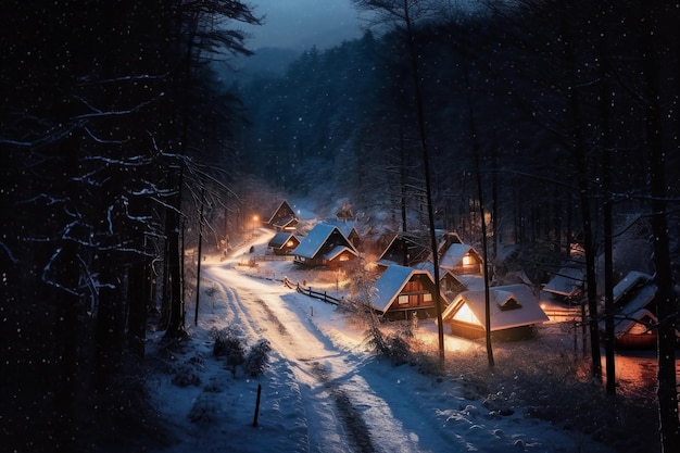 A snowy village in the winter with a snowy road and lights on the roof