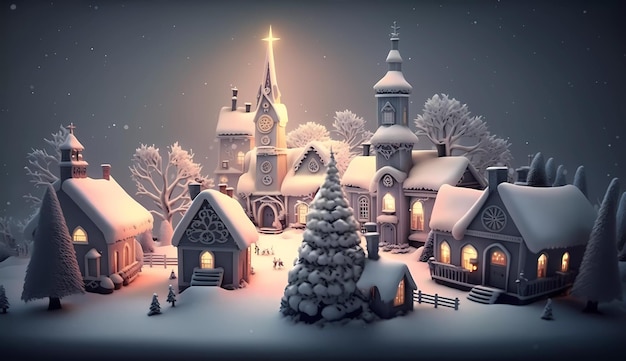 A snowy village with a clock on the top