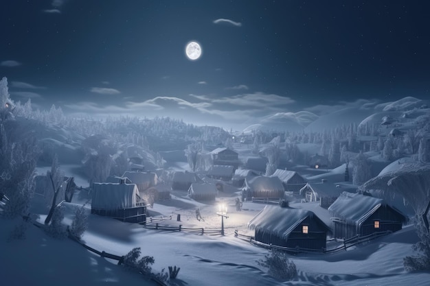 A snowy village with a full moon in the sky generative AI