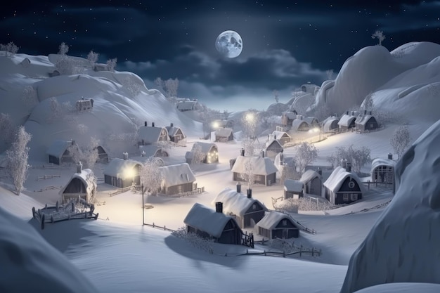 A snowy village with a full moon in the sky generative AI