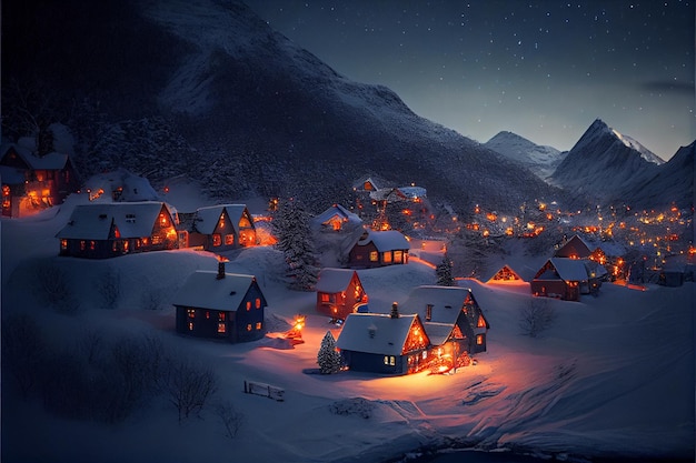 snowy village with lit up houses and mountains in the background generative ai