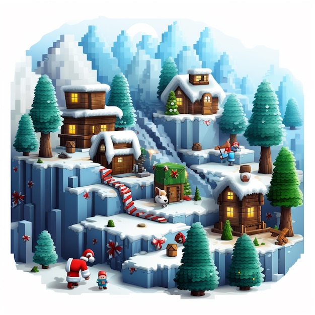 snowy village with a lot of trees and a snowman generative ai