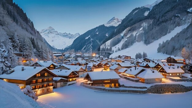 Photo a snowy village with a mountain in the background