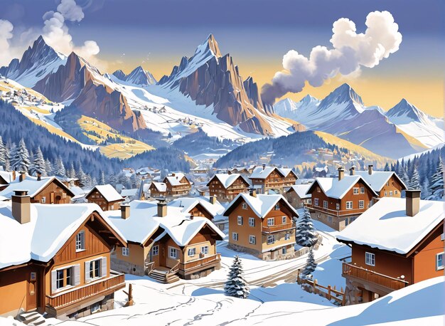 a snowy village with a mountain range in the background