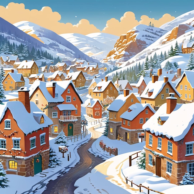 a snowy village with a road and houses