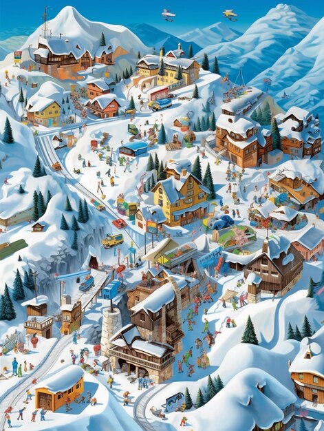 Snowy village with ski lift and ski lift in the background generative ai