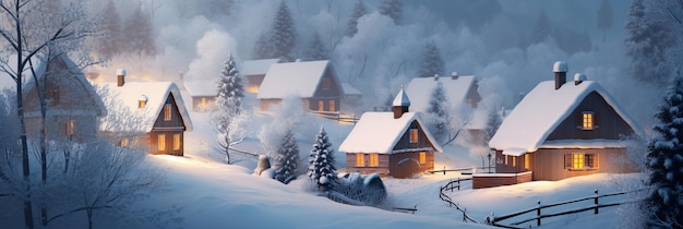 A snowy village with a snowy landscape and a snowy landscape with a house in the foreground.