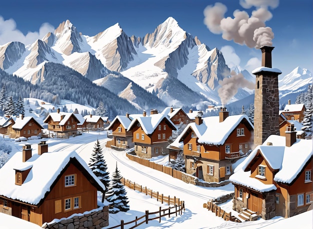 a snowy village with a snowy mountain in the background