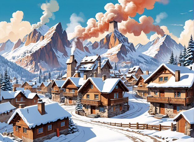 a snowy village with a snowy mountain in the background