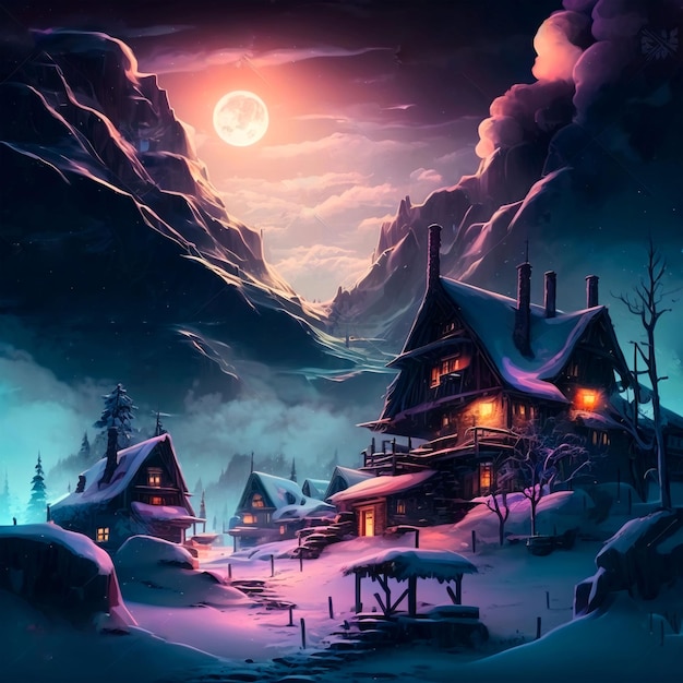 Снежная деревня на фоне заснеженной горы