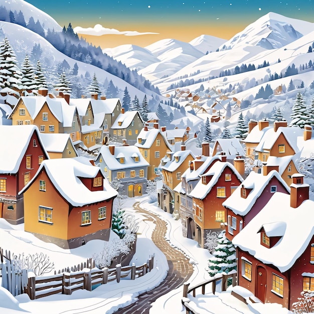 a snowy village with a train and a snowy mountain