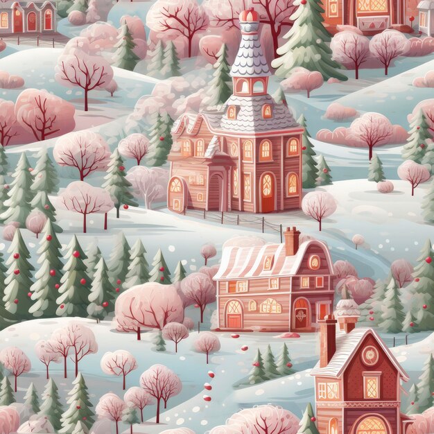 Snowy Villages and Trees Pattern