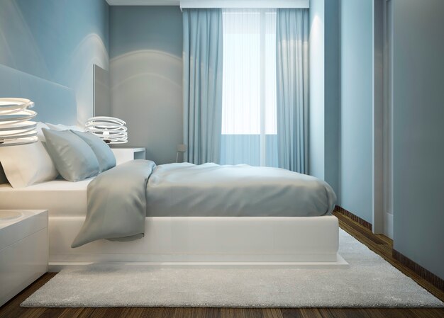 Snowy white bed in blue bedroom with white wool carpet