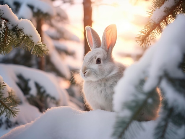 Photo snowy winter beautiful white bunny in coniferous forest close up photo at sunny morning