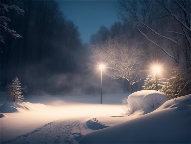 雪の冬の夕方 背景のファンライト 夜と雪と漂流