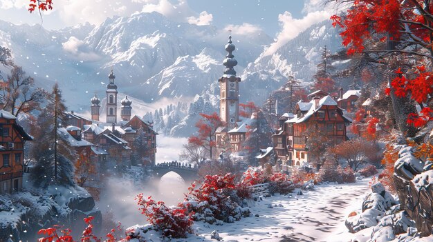 Snowy Winter Fairy Tale Town Concept Art Illustratie Videospel Digitale CG Kunstwerk Industrie Landschap