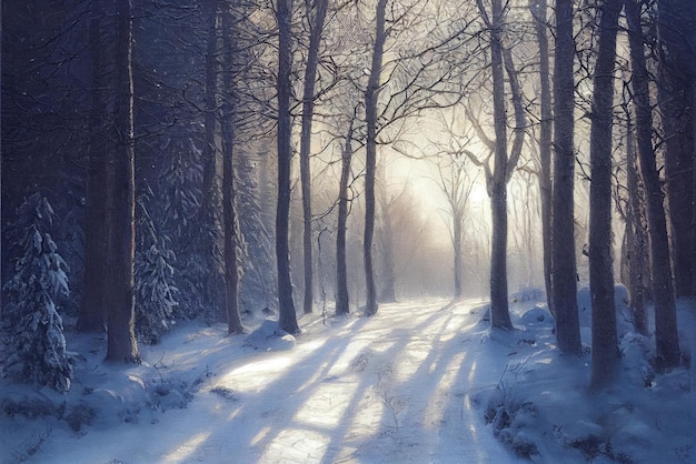 Snowy winter forest in the morning digital art