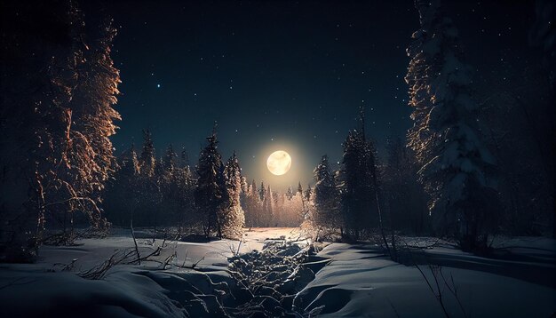 Snowy winter forest at night with full moongenerative ai