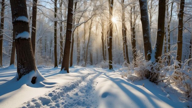 Foto il sentiero nevoso della foresta invernale all'alba