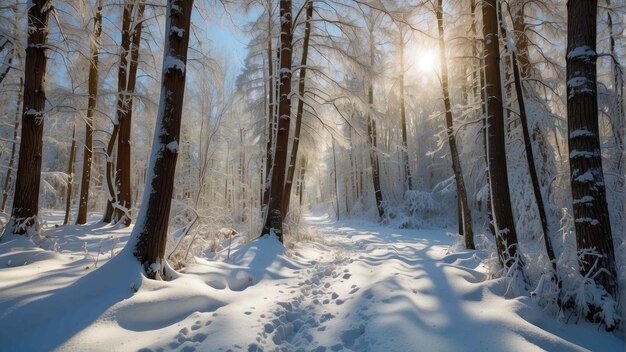 Snowy winter forest trail at sunrise