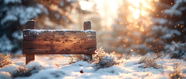Концепция снежных зимних каникул с рождественским баннером и деревянной вывеской Пустое место для рекламы или текста