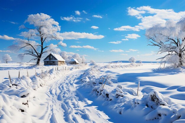 Snowy winter landscape in the countryside a path among trees covered with frost