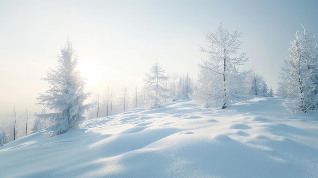 Снежный зимний пейзаж на рассвете с мягким утренним светом