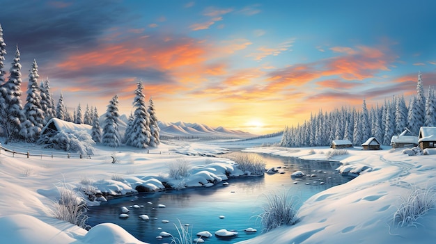 Photo snowy winter landscape panorama bright color generative ai