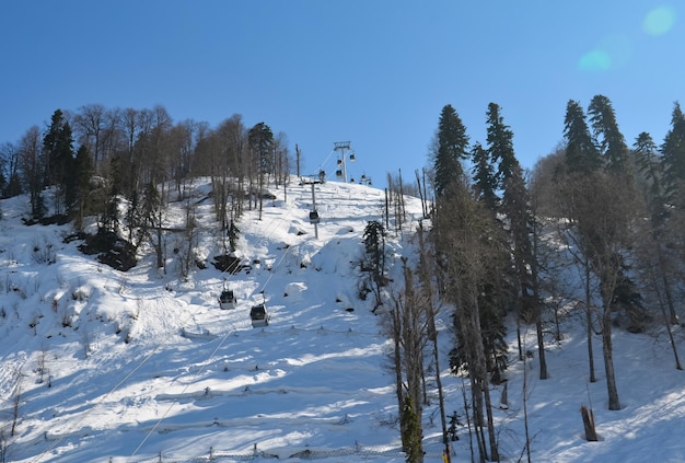 Снежный зимний пейзаж горнолыжного курорта, панорамный вид