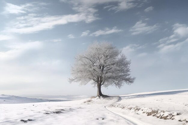 Snowy winter landscape with isolated tree created with generative ai