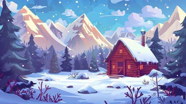 Snowy winter landscape with wooden house in a forest near mountains Cozy cottage made from wood covered with snow Modern illustration of a camping trip